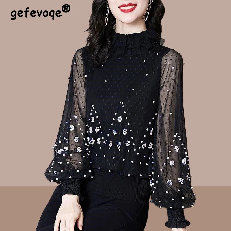 Spring Fall Women Casual Mesh Patchwork Beaded Chic Lantern Long Sleeve Loose T-shirt Elegant Fashion Black Pullover Ladies Tops