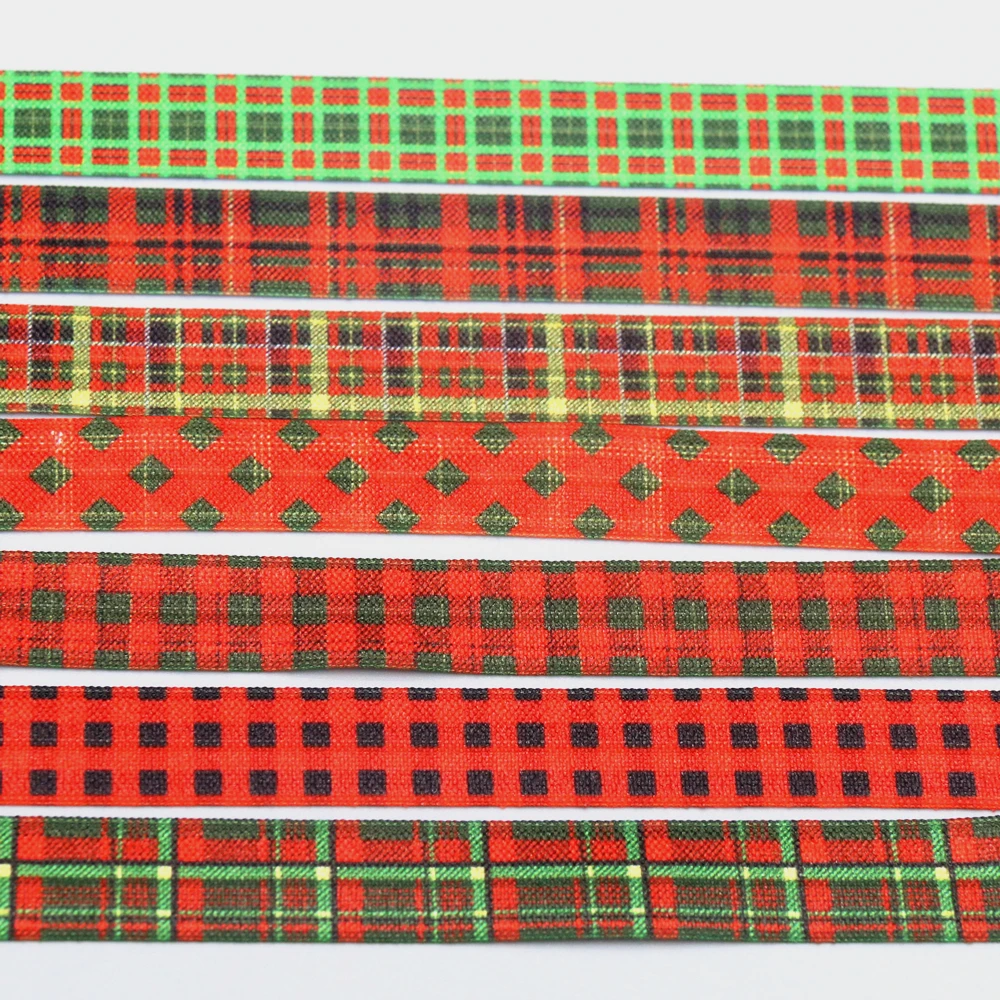 DHK 5/8'' 50yards Christmas Plaid Grid Checked Printed Fold Elastic FOE Stretch Ribbon Accessories Craft DIY Sewing S2449