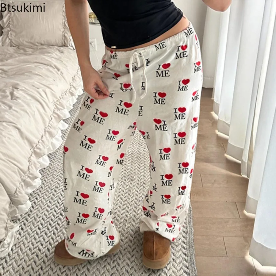 

Women's Love Printed Mid Waist Straight Leg Casual Pants Elastic Ties and Waist Cinching Hip-hop Loose Multi-functional Pants