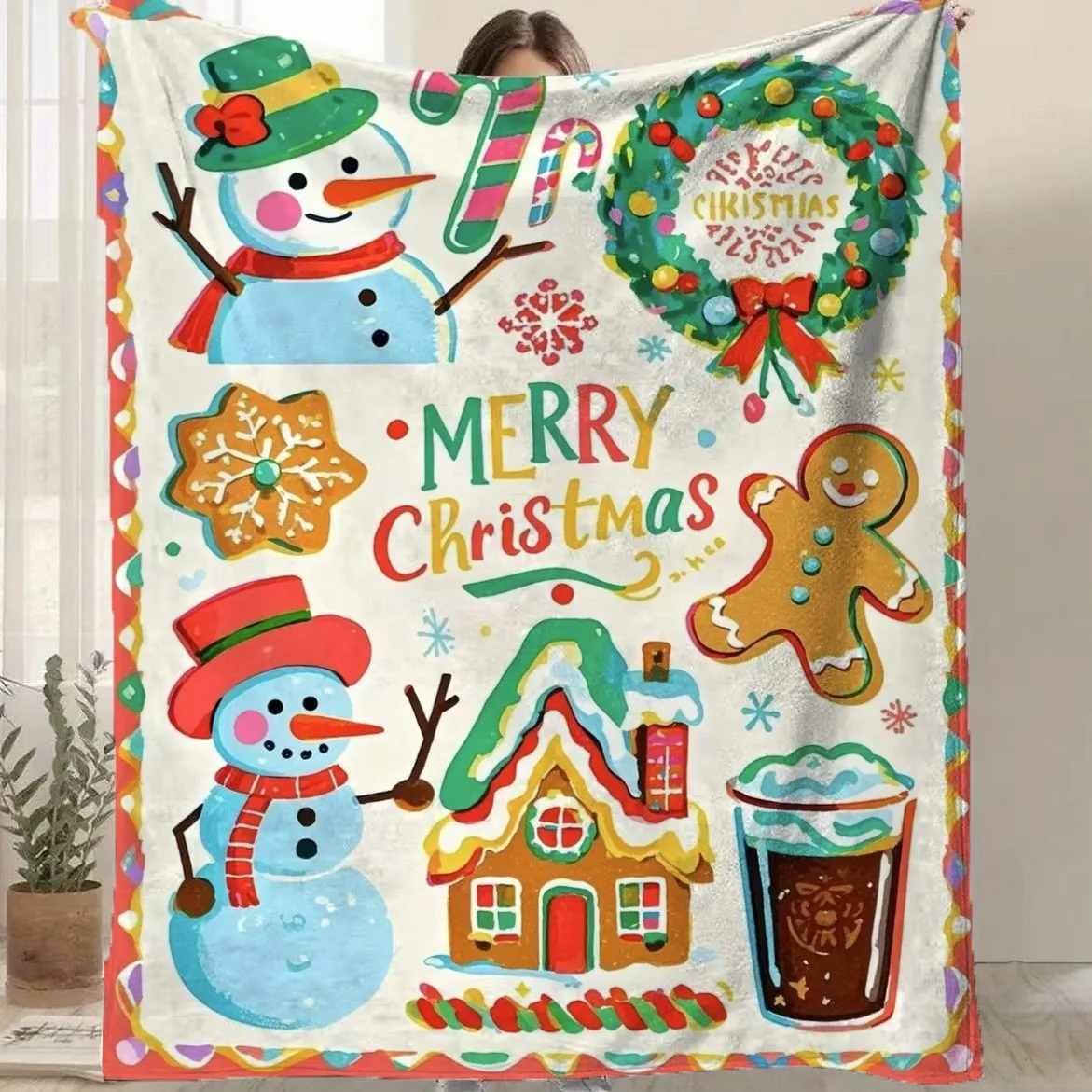 VIKAMA Watercolor Two Snowmen Tree Wreath Soft Flannel Throw, Cozy Warm Plush Cover for Sofa Bed, Xmas Decor Gift for Family