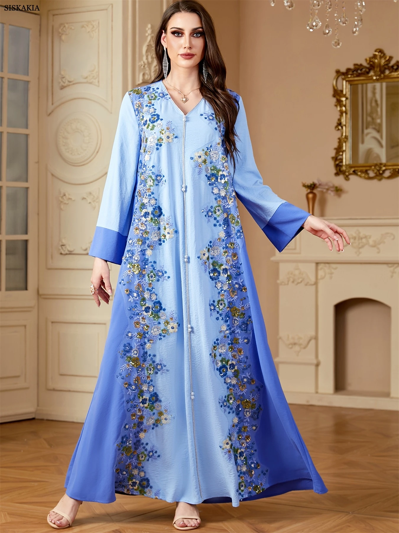 Siskakia Ramadan Dubai Woman’s Abayas Embroidered Sequin Floral Patter V-Neck Elegant Casual Kebaya Muslim Moroccan Long Dress