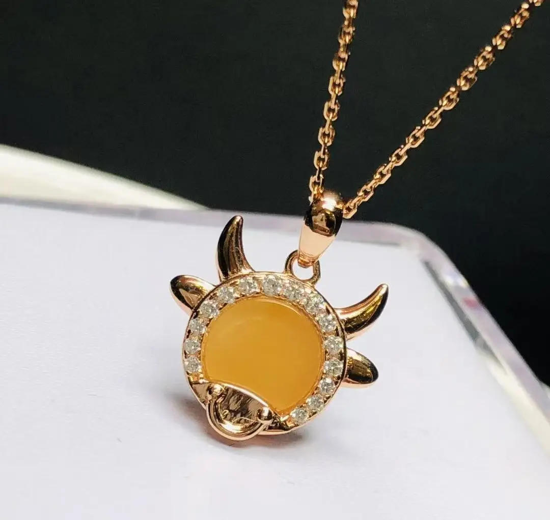 

Янтарное ожерелье с подвеской в виде головы быка для женщин, розовое золото, серебро 925, зодиак, воск в виде пчелы, подарок для него, ее ко Дню святого Валентина, любовь