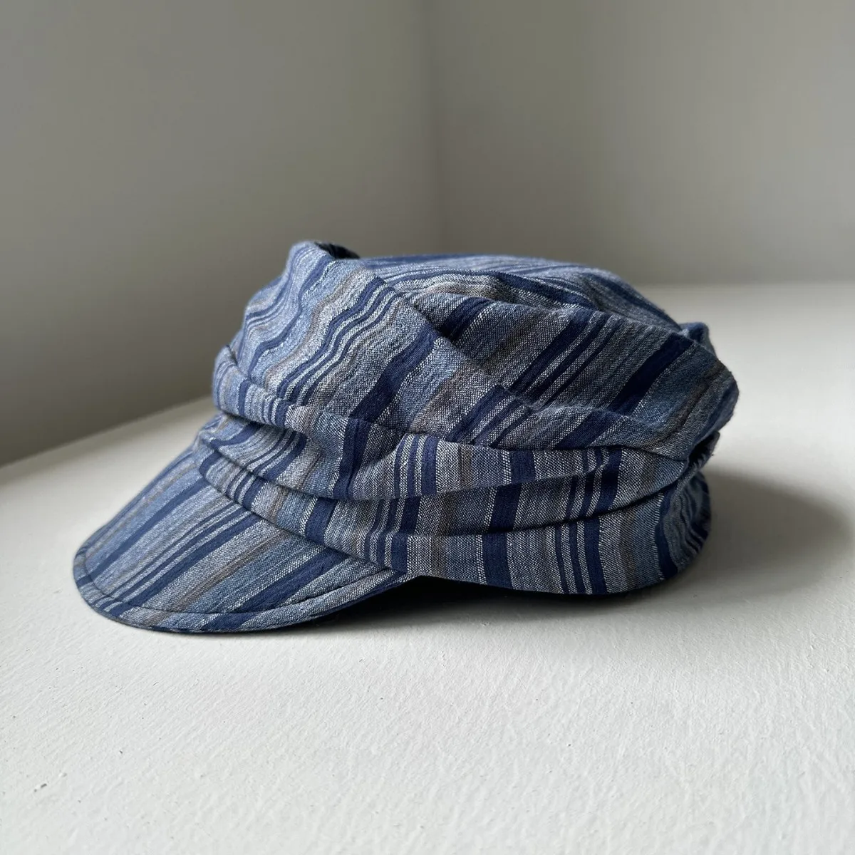 Blue Gray Striped Pleated Newsboy Cap, Japanese Retro Breathable Visor Hat, Spring Summer Sun Beret for Women Commute