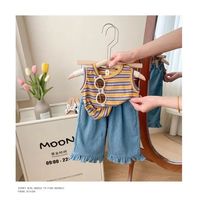 Girls Summer Set Striped Vest Thin Casual Jeans Mosquito Repellent Pants 2024 New Children Versatile Two-piece Set