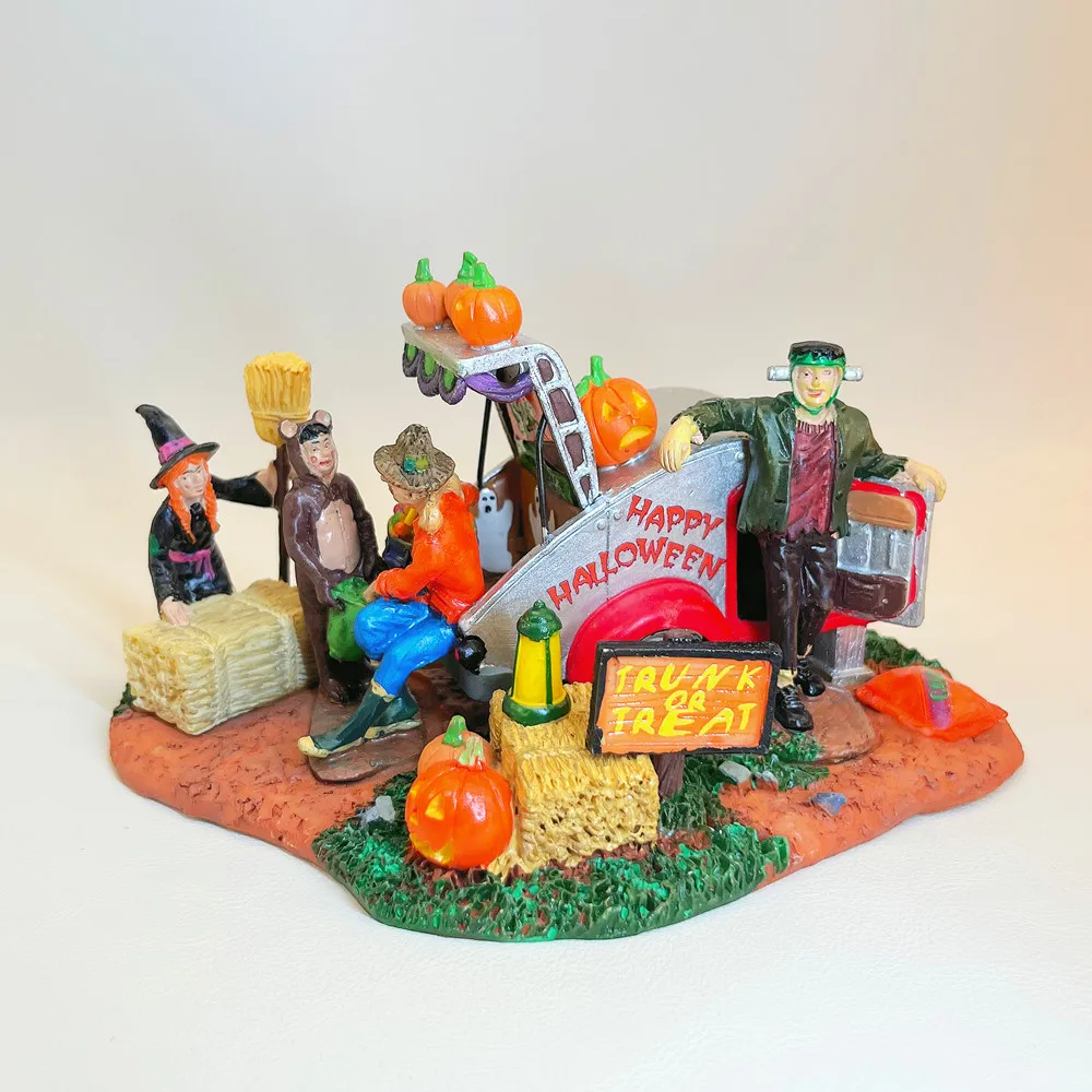 Halloween Trunk Or Treat Truck Resin Figurine Spooky Village Pumpkin Scene Home Decoration Collectible