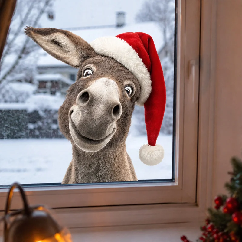 Funny Peeking Donkey Christmas Window Cling, Santa Hat Cartoon Mule, Removable Static Decal, Holiday Glass Decor