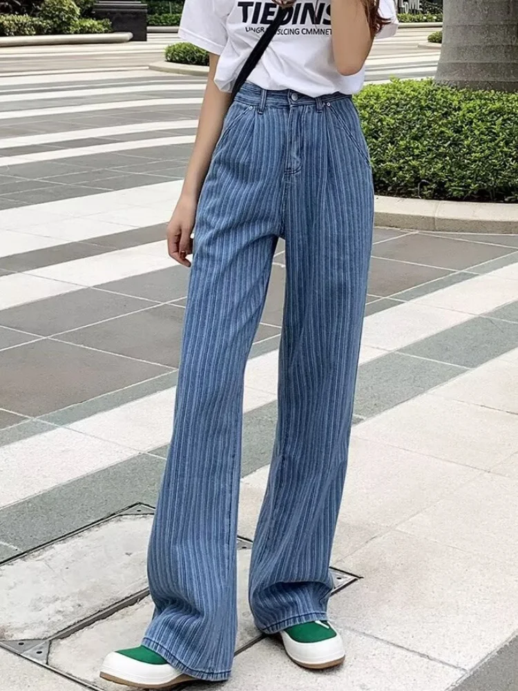 

Джинсы женские Y2K 2025: Новинка, модные, синие, выбеленные, свободные, в полоску, прямые, в корейском стиле, повседневные, джинсовые брюки