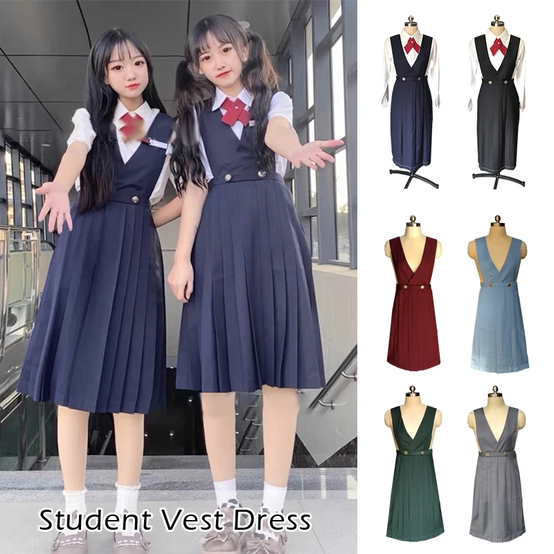 

Chic Sweet Japanese Girl Long Pleated Dress Preppy Style Women Sleeveless Pinafore Dress JK High School Uniform Class Uniform