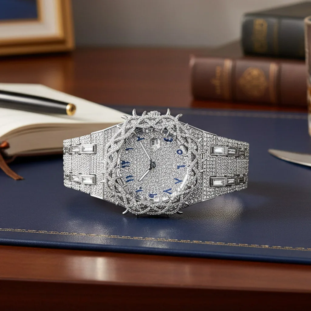 

PINTIME Business Watch White Diamond Studded Alloy Case with Calendar and Luminous Features Luxury Men's Quartz Wristwatch