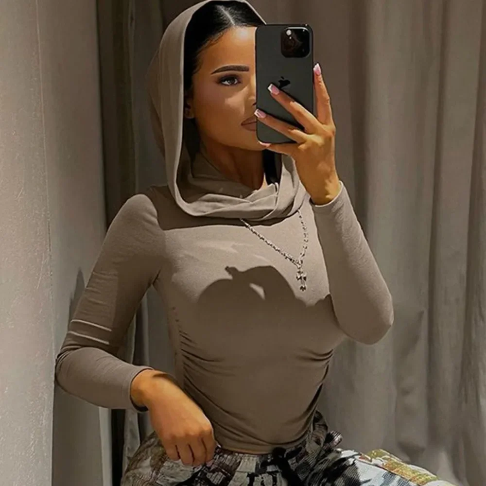 Women Grunge Retro Folds Cropped Top Hoodies Skinny Long Sleeve Solid Women's Slim Crop T-shirt Y2k Aesthetic Tee Top Streetwear