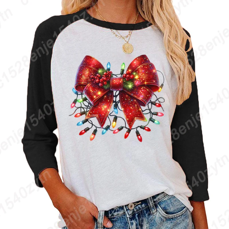 Christmas Light Bow Print Three Quarter Sleeve Shirt For Women Creative Round Neck Seven Sleeves Shirt Ladies Summer Soft Shirts