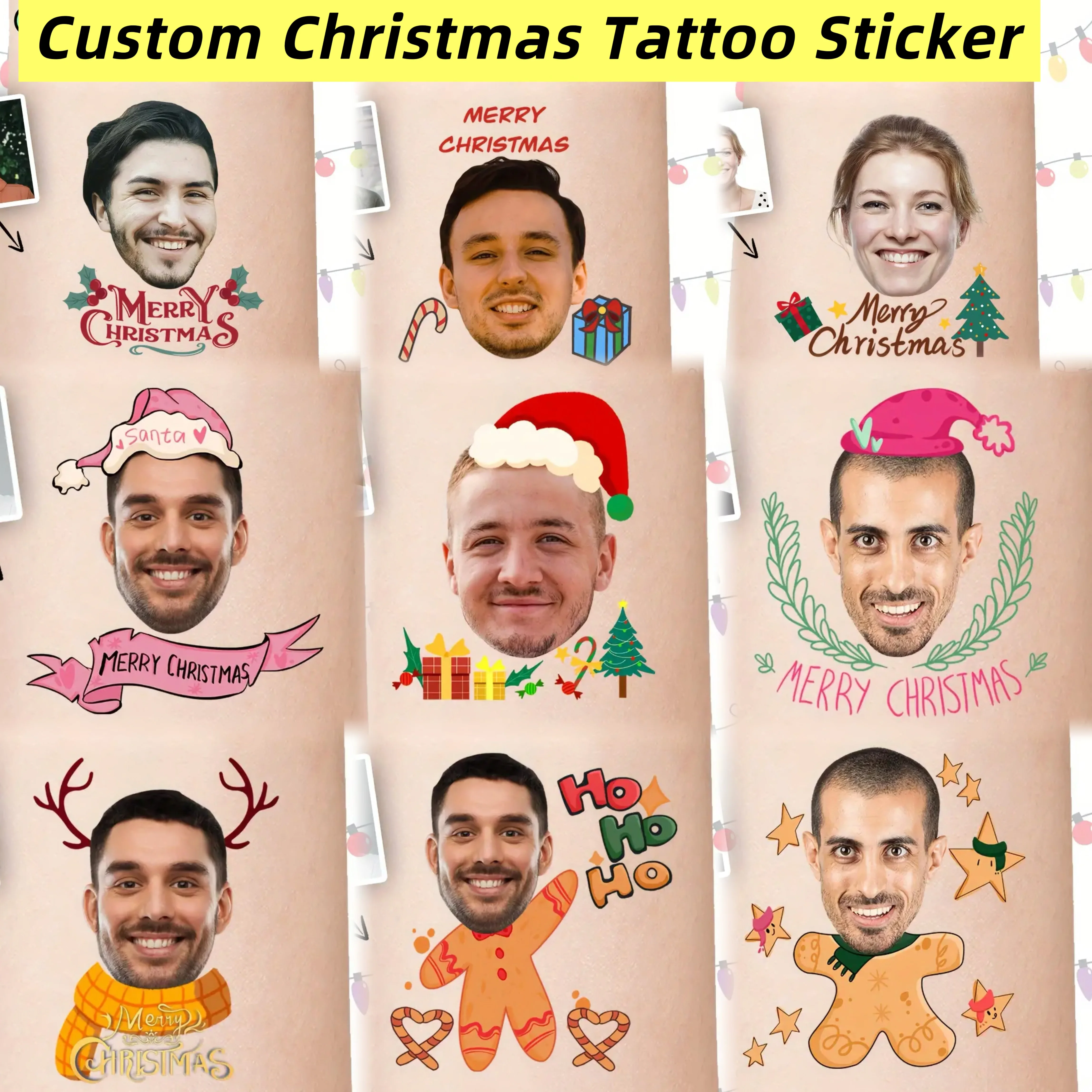 

Customizable Christmas temporary tattoo sticker personalized reindeer Santa Claus gingerbread lollipop snowflake snowman makeup