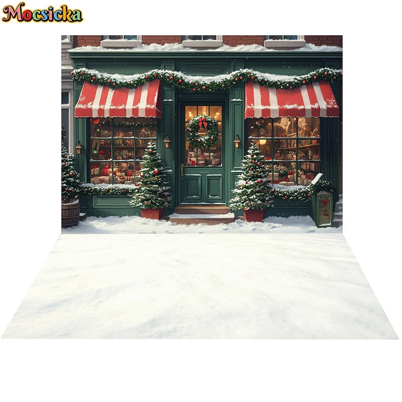 Mocsicka Christmas Snowy Photography Backdrop Gift Shop Xmas Wreath Winter Street Kid Family Background Holiday Party Decoration