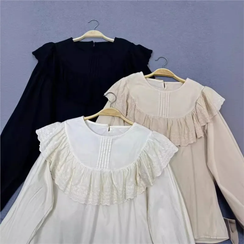 Johnature Cotton Women Tops Shirts 2024 Spring Summer New Mori Casual Patchwork Ruffles Solid Color Simple Female Blouses