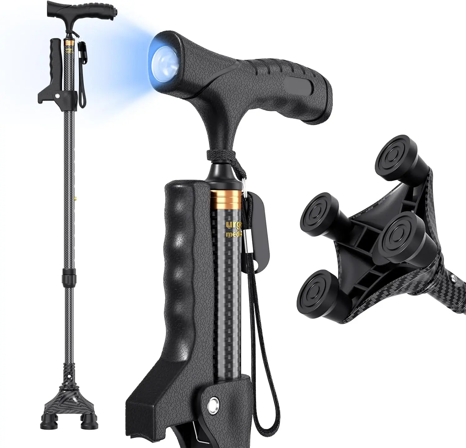 

Carbon Fiber Cane with Light, 4-Prong Base, Folding Adjustable Walking Stick for Seniors