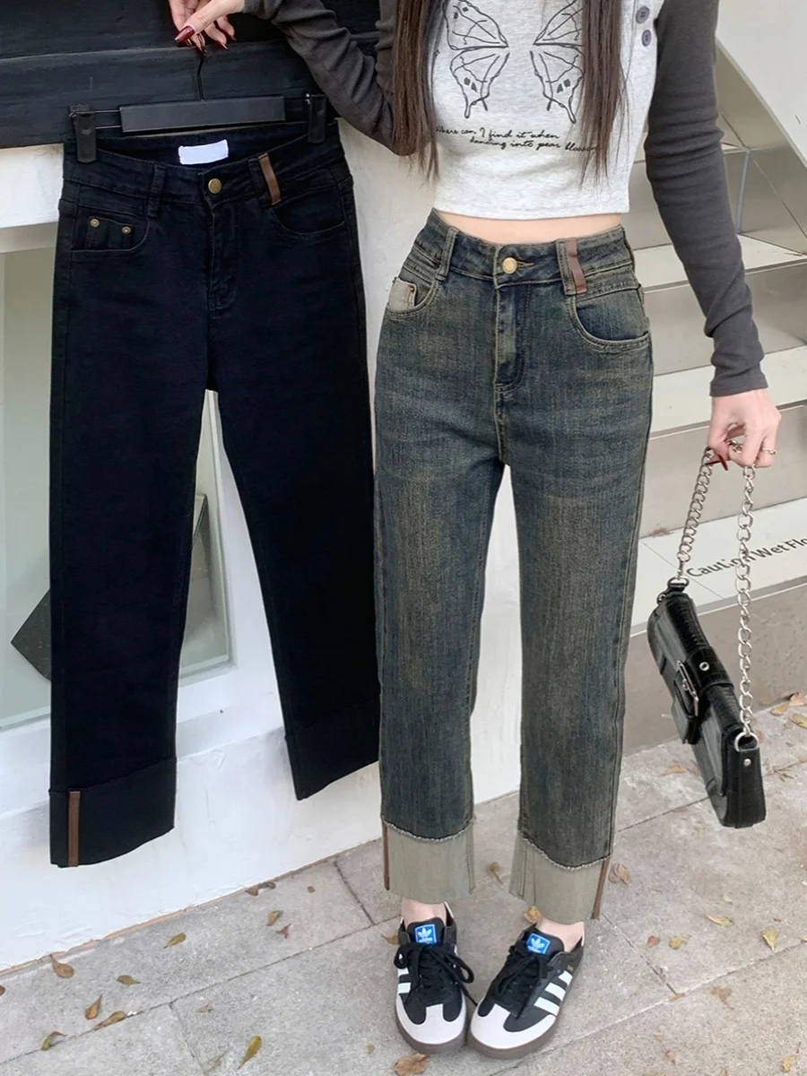Jeans a Gamba Dritta Elasticizzati Retrò da Donna, Nuovi Pantaloni a Vita Alta Snellenti Taglie Forti, Jeans in Denim Elasticizzato di Cotone