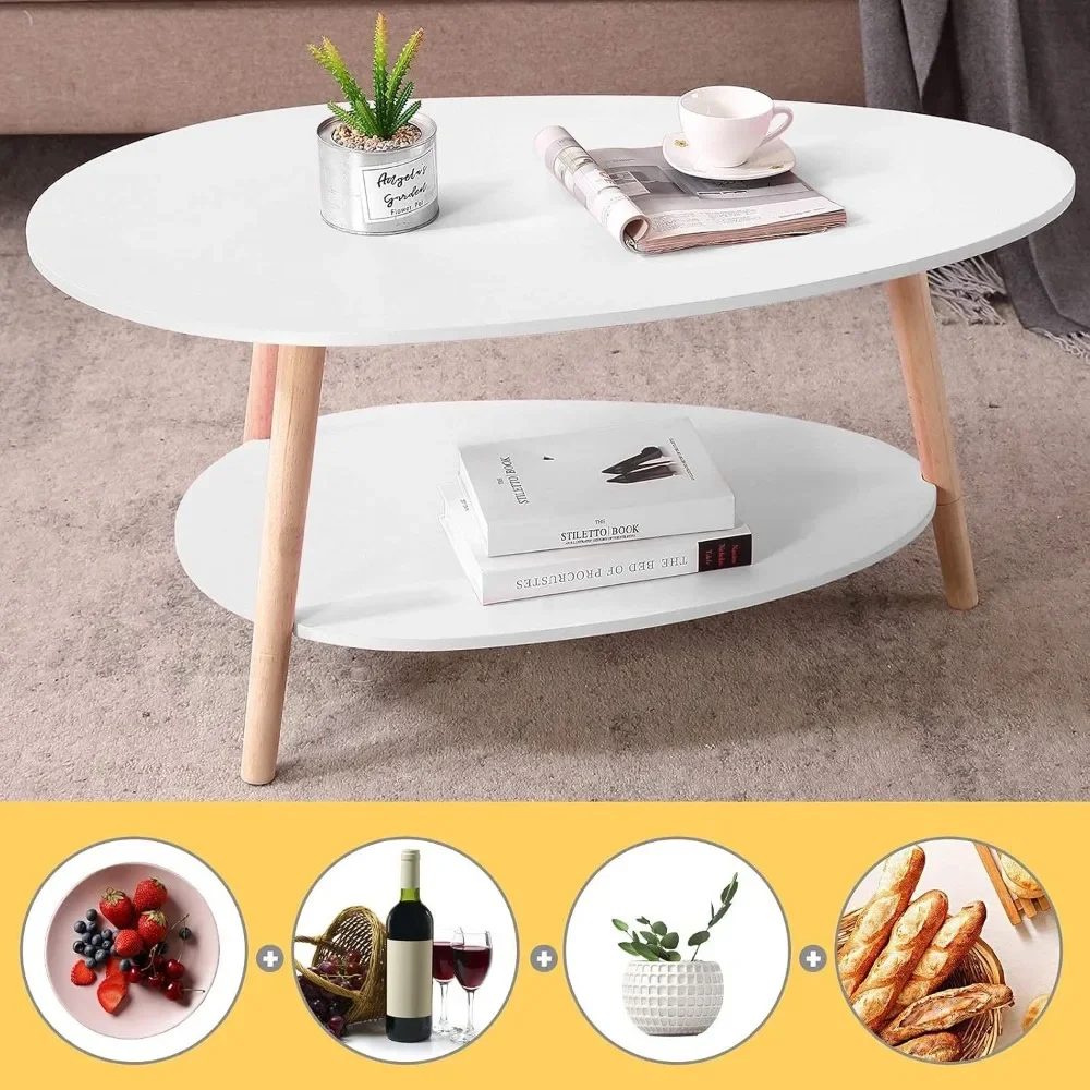 Mesa de café oval de madeira com prateleiras abertas, armazenamento e exibição, mesa de sofá de 2 camadas, móveis modernos pequenos para sala