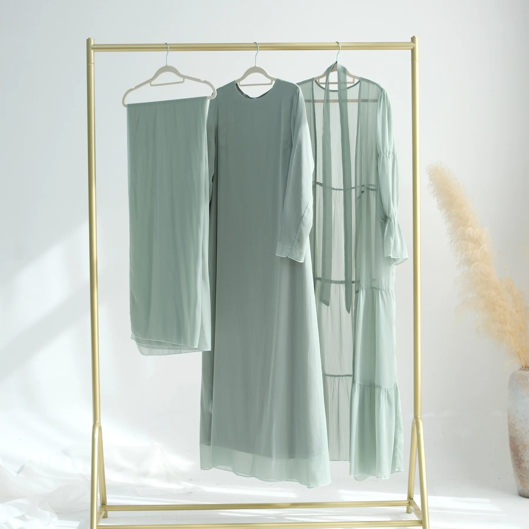 

two-piece set + headscarf Dubai Turkey encounter elegant chiffon wrinkle fashion simple temperament resort style high-end banque