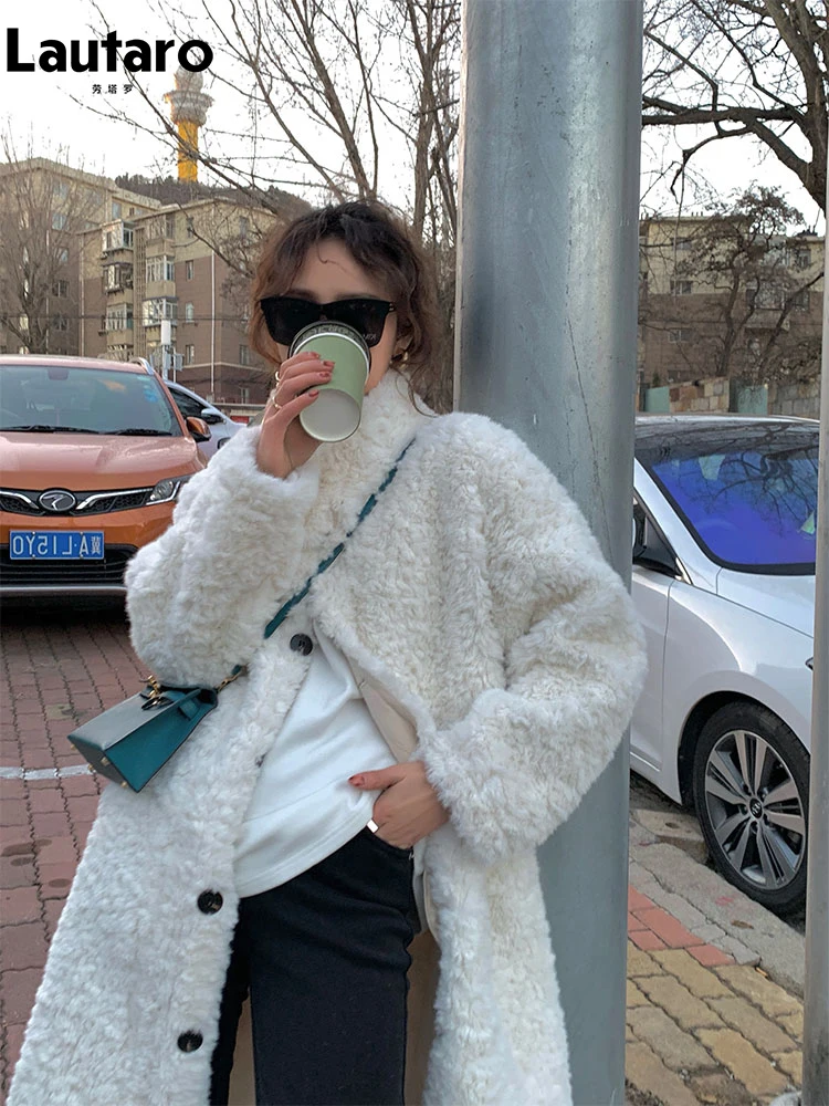 Lautaro Winter Long Loose Casual Thick Warm Soft Fuzzy Fluffy Faux Fur Coat Women Stand Collar Luxury Korean Fashion 2024