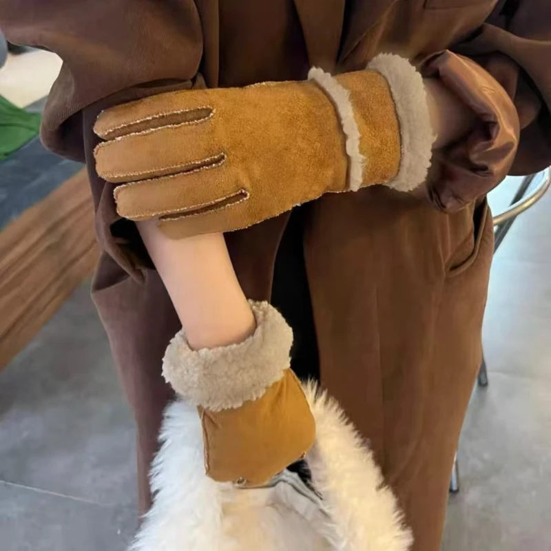 Korea Suede Lamb Wool Split Finger Gloves Wool Winter Padded Thickened Warm Mittens Couple Riding Gloves Men Women Accessories