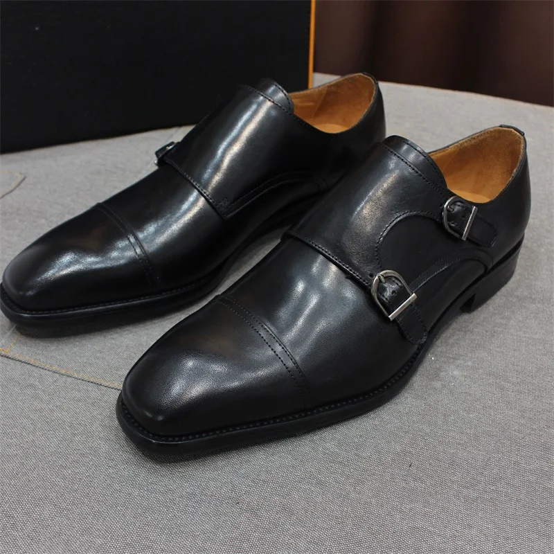 Luxury Handmade Genuine Leather Men\'s Shoes Formal Classic Double Buckle Monk Shoes Pointed Toe Business Dress Wedding Men Shoes