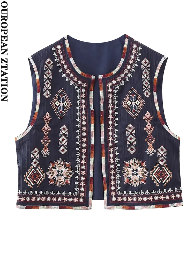 PAILETE Women 2023 fashion embroidery cropped open waistcoat vintage o neck sleeveless female outerwear chic vest tops