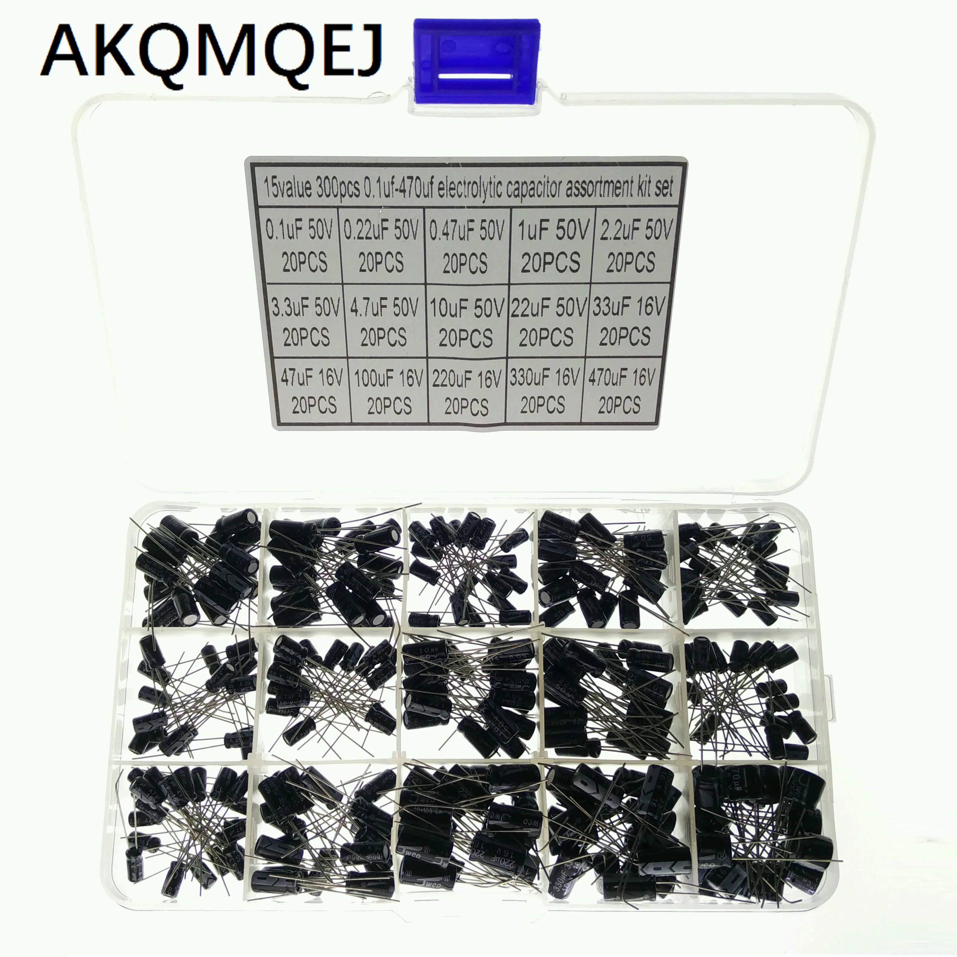 300pcs common electrolytic capacitor 15 models electrolytic capacitor element box 0.1UF 50V-470UF 16V sample package