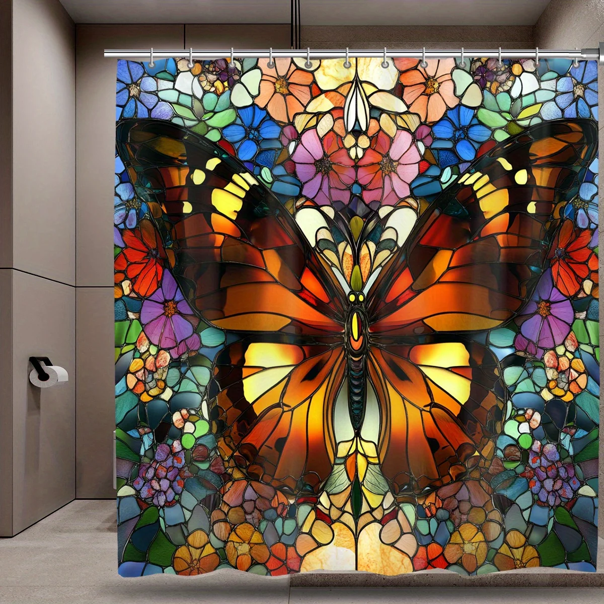 

1 piece of exquisite glass enamel butterfly digital print shower curtain, machine washable, bright butterfly and floral pattern