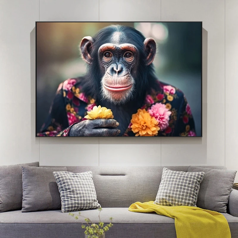 

Cute Monkey Flower Poster and Prints Modern Fun Animal Lion Cat Canvas Wall Art Picture for Living Room Home Decoration Gifts