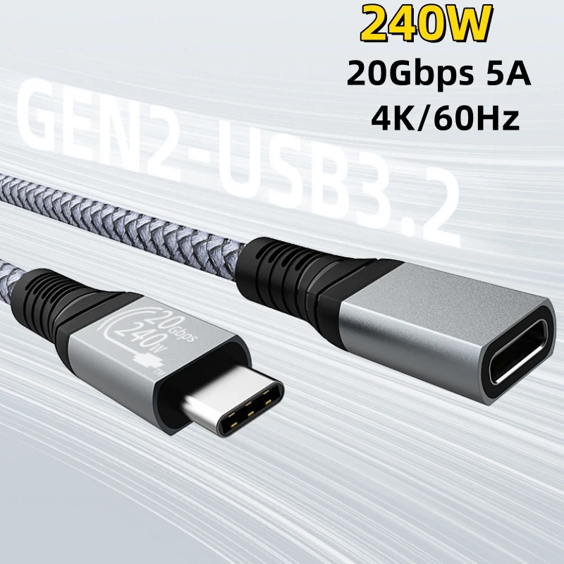 

240W USB C Extension Cable Type C Extender 20Gbps USB 3.2 Gen2 For Thunderbolt 4/3 USB C 4K 60Hz Data Extend Cable