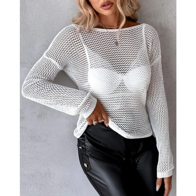 Backless Jumpers Pearls Strap Sexy Trend Back Chain Woolen Top Sweater Long Sleeve Loose Sexy See Through Twisted Knit Sweater