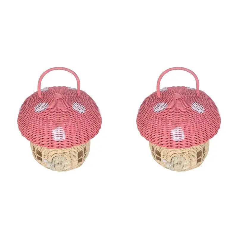 

【CHRISTMAS 】2X Корзина для хранения в форме гриба из ротанга ручной работы - Симпатичные подарочные украшения ручной работы из ротанга, розовый