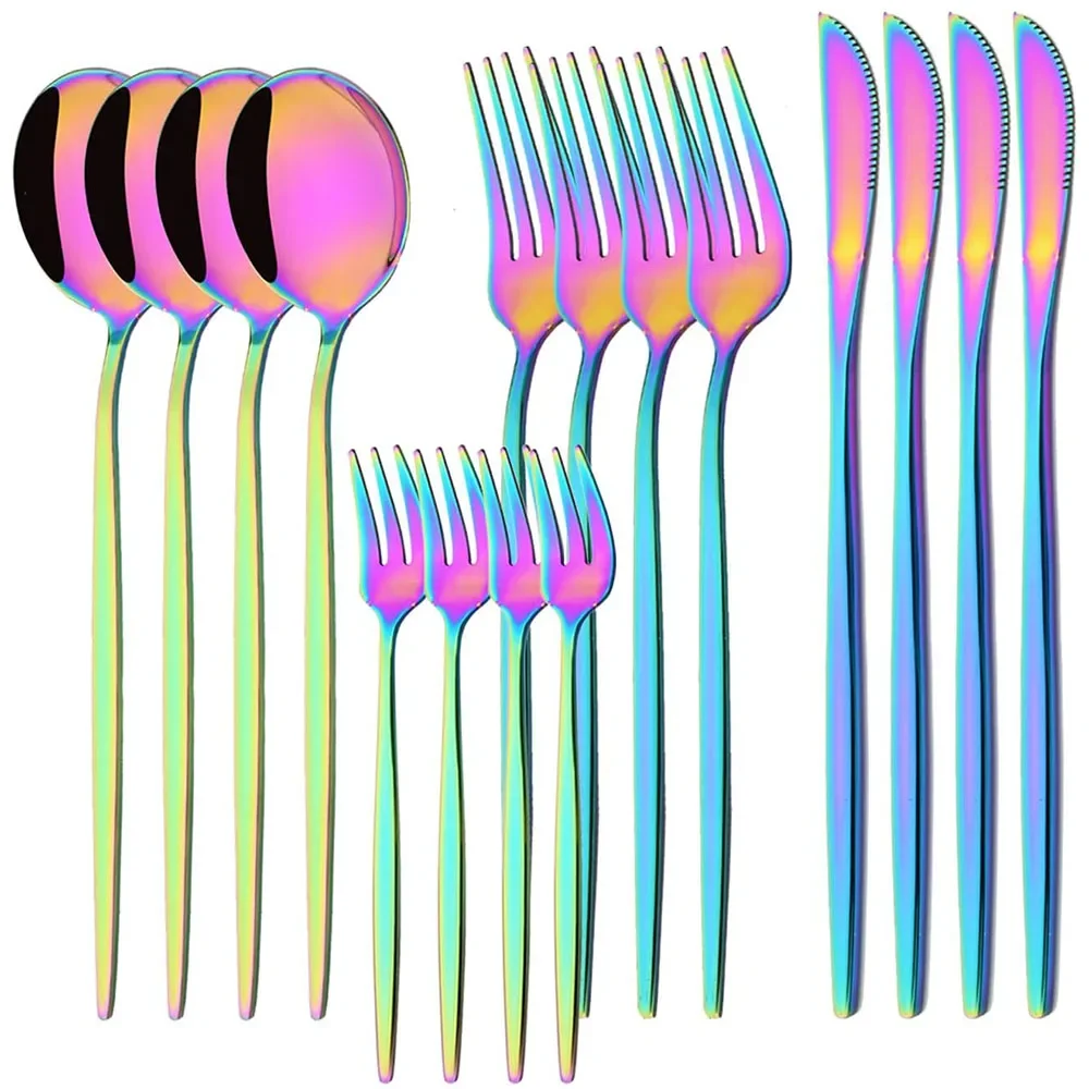 16Pcs Rainbow Dinnerware Stainless Steel Cutlery Set Knife Cake Fork Spoon Dinner Flatware Set Kitchen Silverware Tableware