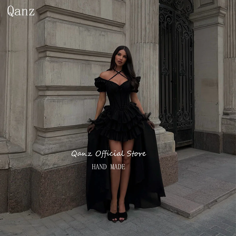 Qanz High Low Black Evening Dress Chiffon Short Puff Sleeve Party Dresses Woman Multi-layer Ruffled Sexy Prom Gowns Customized