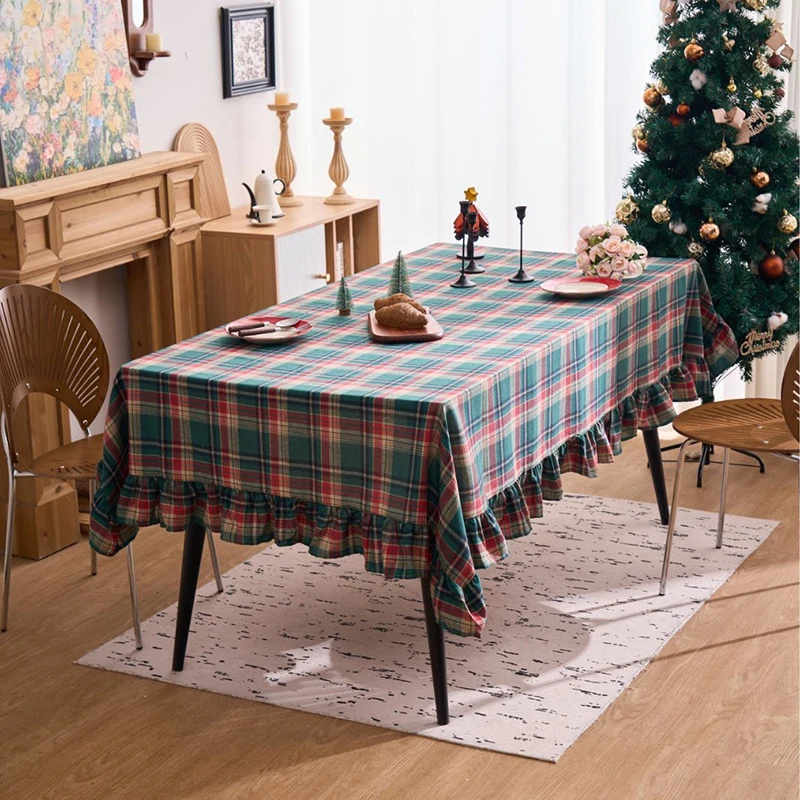 Christmas Green Plaid Ruffled Tablecloth Rectangular/Round Washable Anti-stain Table Decorations for Kitchen Wedding Table Cover