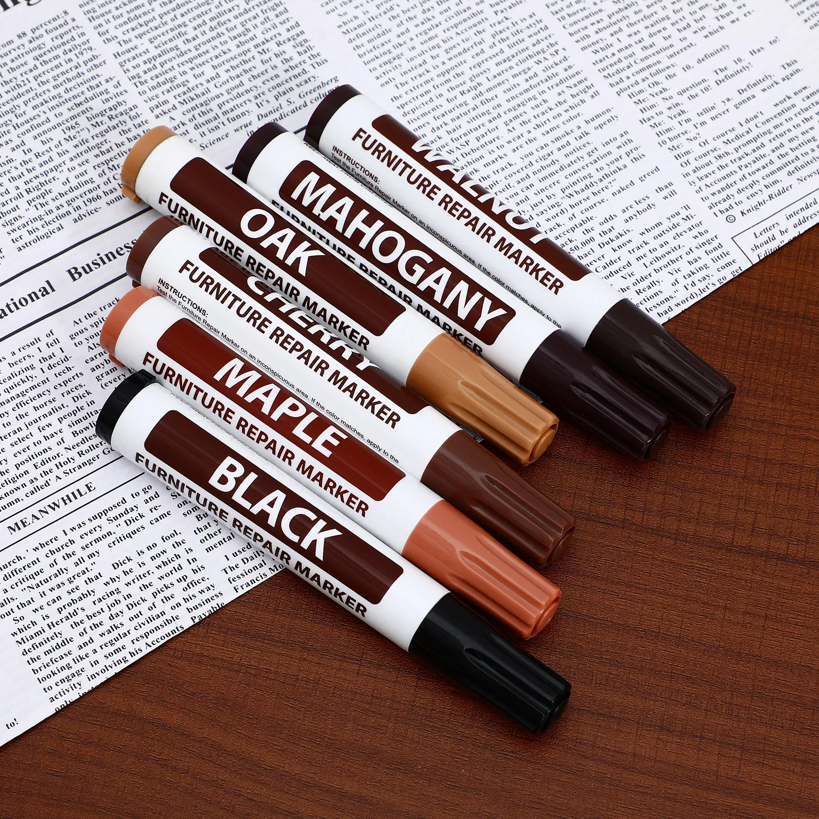 6Pcs Wood Furniture Repair Markers Touch Up Pen for Scratches Dents Chips Conceal Blemishes Restore Finish Non Toxic Fast Drying