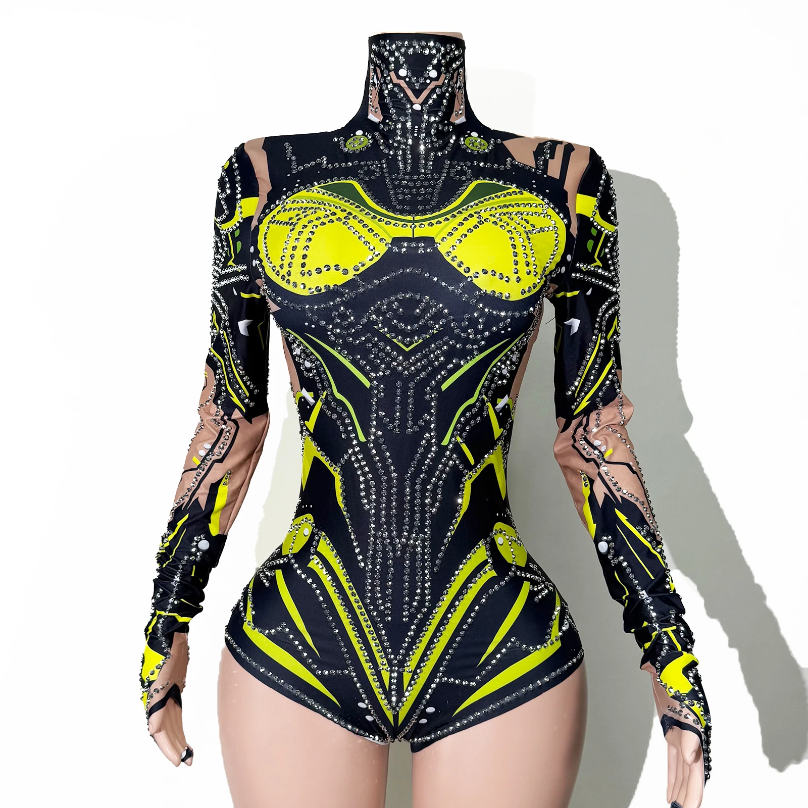 زي أداء المسرح باللون الأخضر اللامع والرمادي اللامع من حجر الراين قابل للتمدد للنساء ملابس داخلية للنوادي الليلية والحفلات الراقصة ملابس الملكة السحب