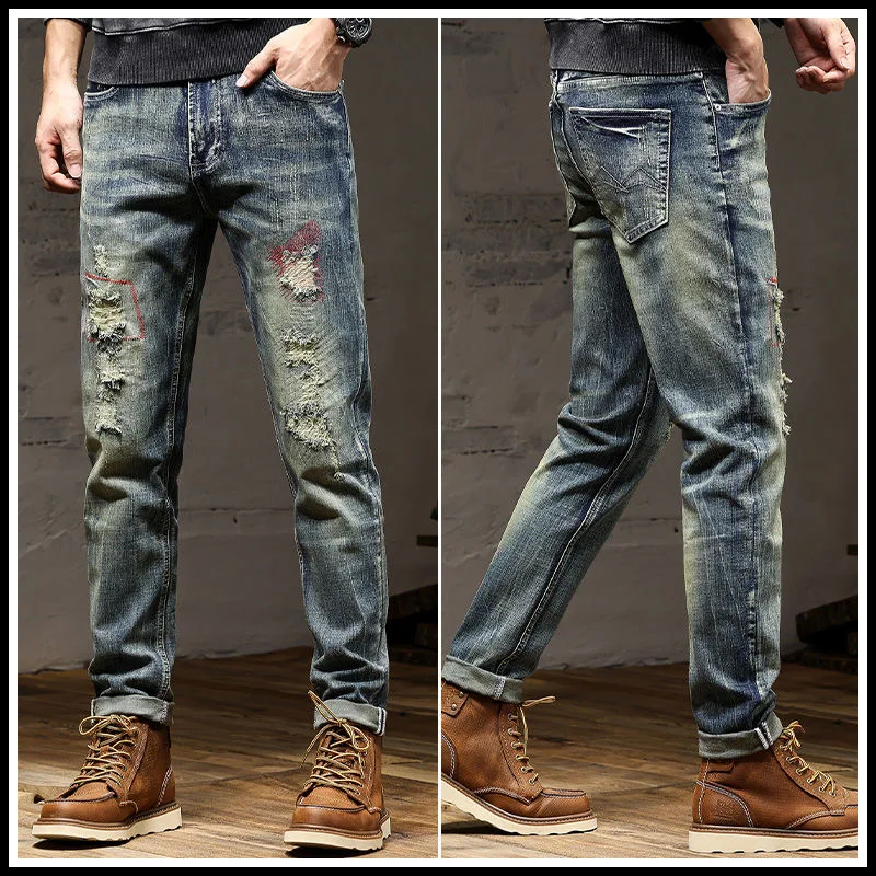 

2023 Spring and Autumn New Classic Fashion Solid Color Ripped Small Foot Pants Men's Casual Comfort Elastic High Quality Jeans