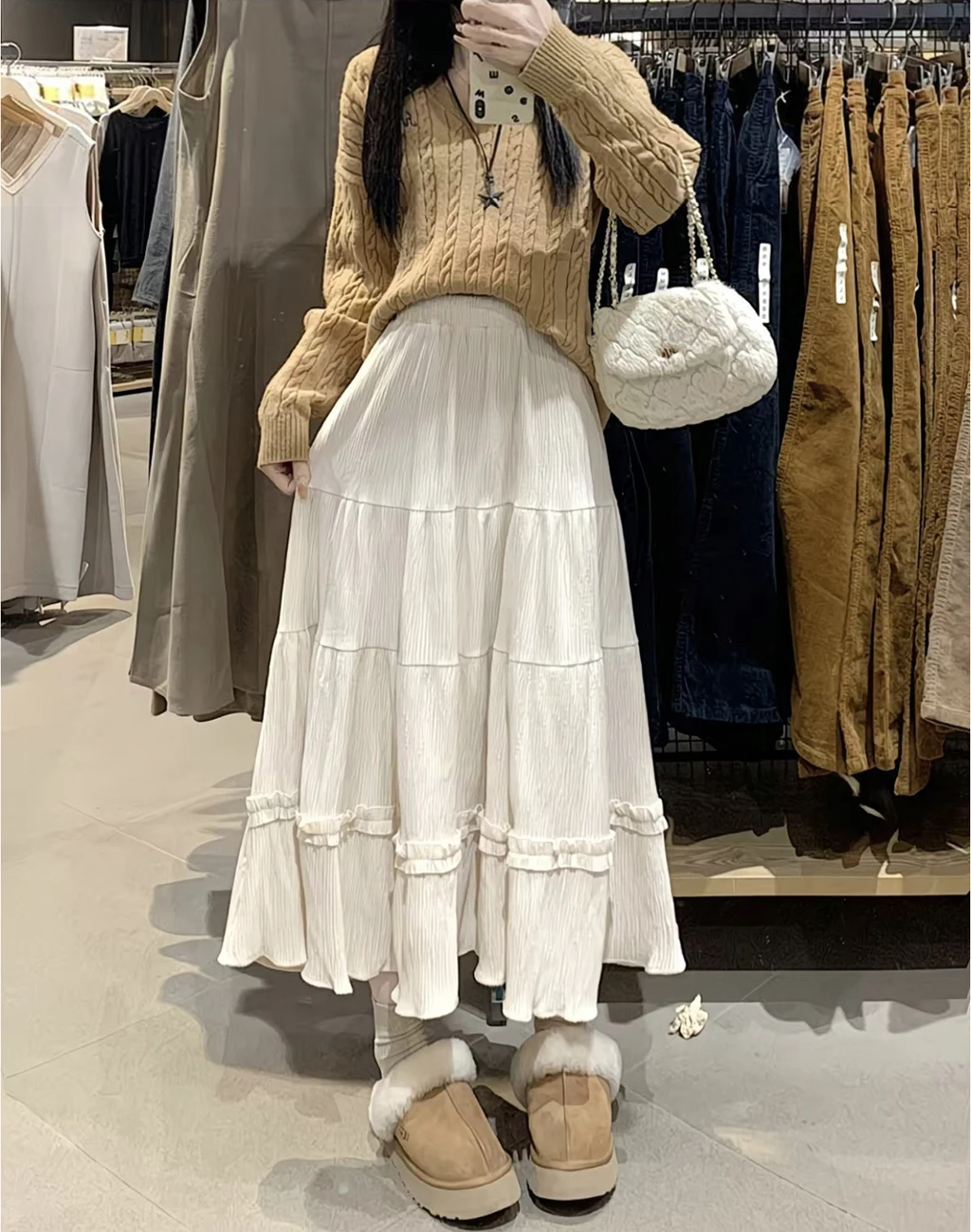 Vestido en capas para mujer para otoño e invierno, vestido retro de pana de longitud media con pastel, vestido suelto de cintura alta