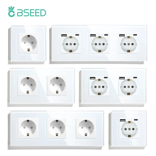 Imagen 1 del producto Bseed UE Rusia enchufe 16A toma de pared eléctrica Panel de cristal templado 2 colores toma de corriente mejoras para el hogar