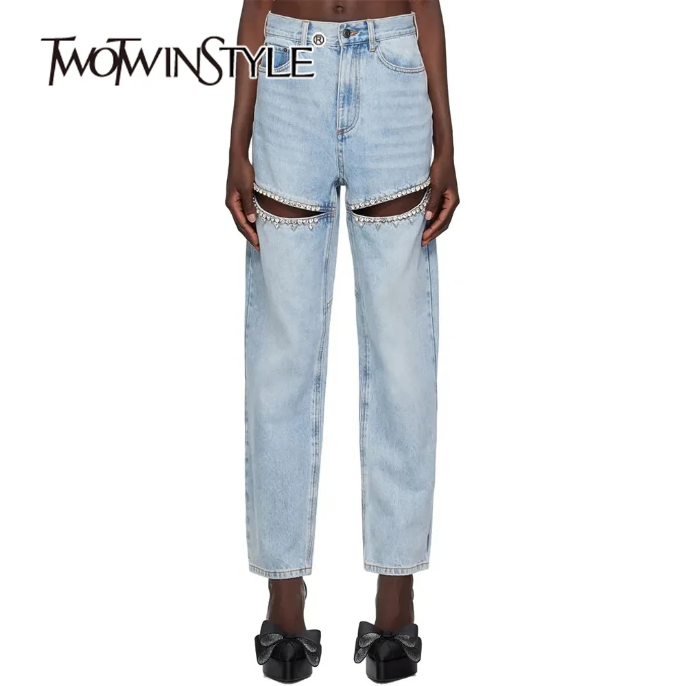 TWOTWINSTYLE Patchwork Diamonds Denim Pants For Women High Waist Hollow Out Minimalist Wide Leg Jeans Female Fashion New 2023