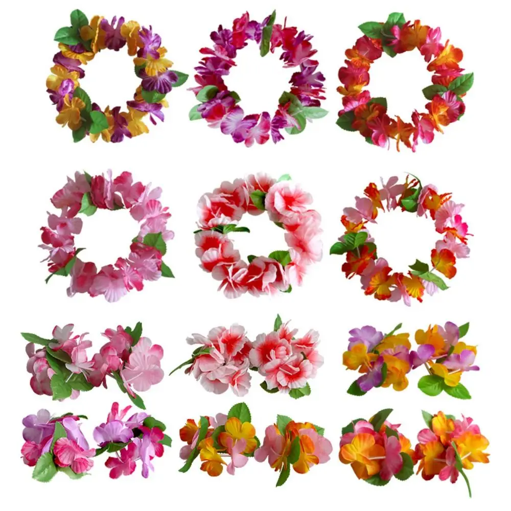 6PCS Tropical Beach Hawaiian Wreath Hot Party Supplies Aloha Theme Birthday Wreath Bracelet Costume Flowers Necklace Headband