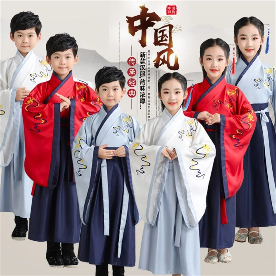 Children Chinese Style Traditional Hanfu Dress Kids Embroidery Tops Skirt Girl Boy Oriental Clothing Set Ancient Cosplay Costume