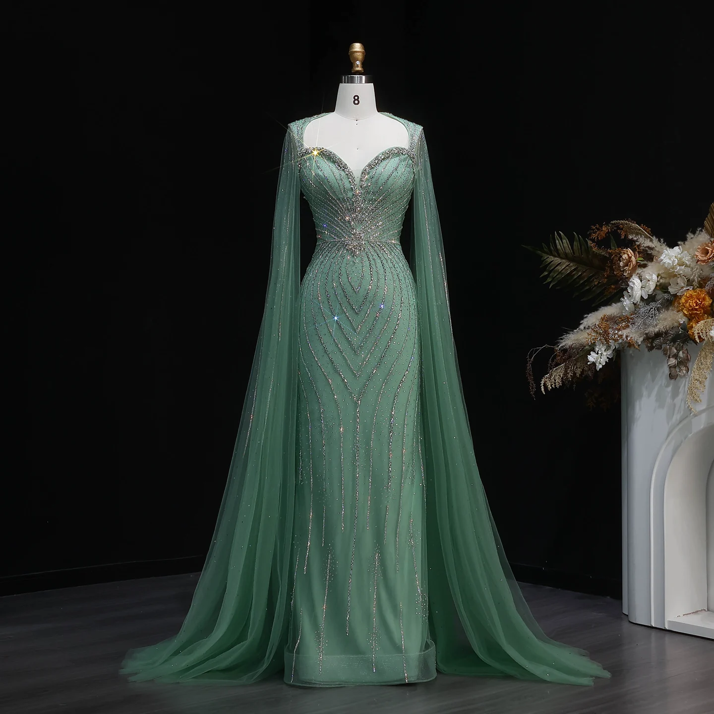 Sharon Said Elegante Abendkleider mit Cape-Ärmeln, Perlenbesetzte Meerjungfrauenkleider, Arabische Luxus-Formelle Ballkleider für Damen SS130 Maßanfertigung – Detail 12