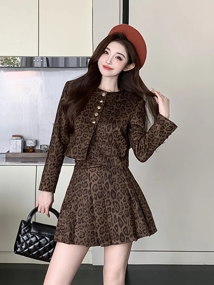 Fashionable Leopard Print Single Breasted Jacket + Pleated Skirt Set For Women\'s Autumn Winter New Style American Two-piece Se