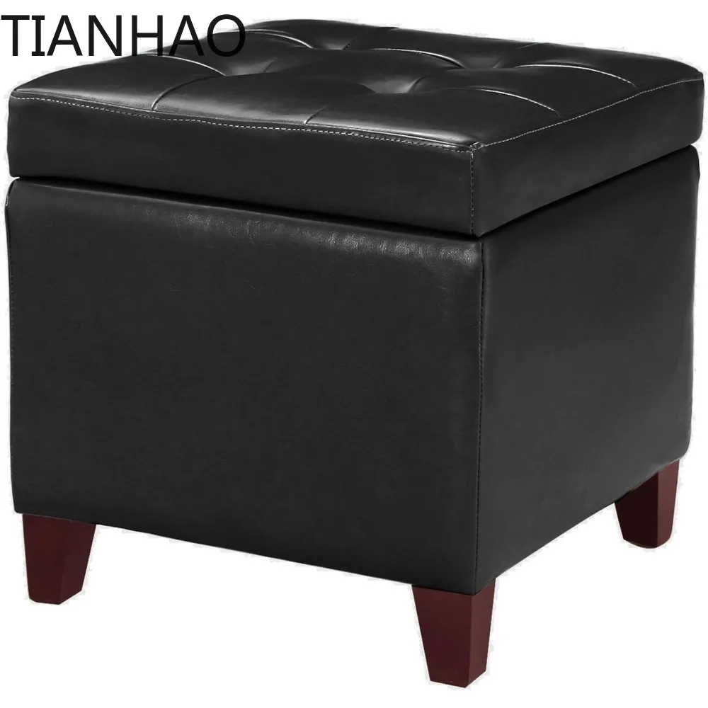 Storage Ottoman Foot Rest Stool, Leather Ottoman Footstool with Wood Legs and Hinged Lid, 18