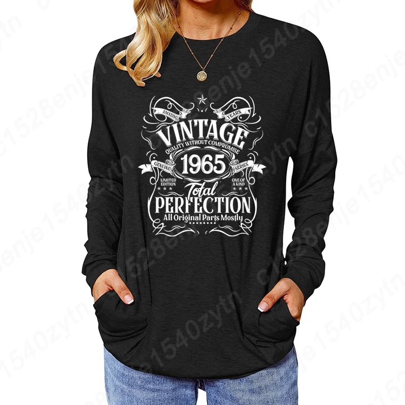 Birthday Gift Ladies Long Sleeve Blouses Vintage 1965 Total Perfection Sweatshirt Retro Birthday Women Casual Crew Neck Pullover