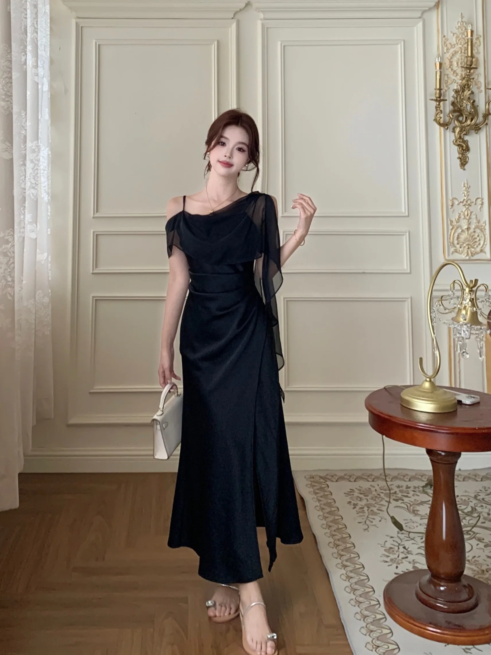

Romantic Sash Satin Split Fish Tail Dress Women's Summer New Waist Inward Pleated Long Dress plus Size Korean Style Commute