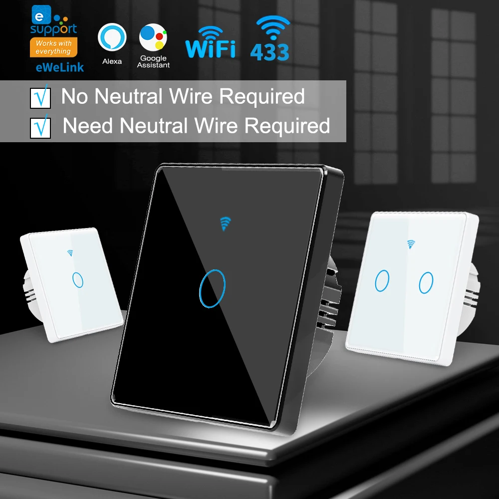 Tuya WiFi Smart Touch Switch Glass Panel Wall Mounted Switch 1/2/3 Single/zero Wire Smart Home Supporting Alexa Google Home