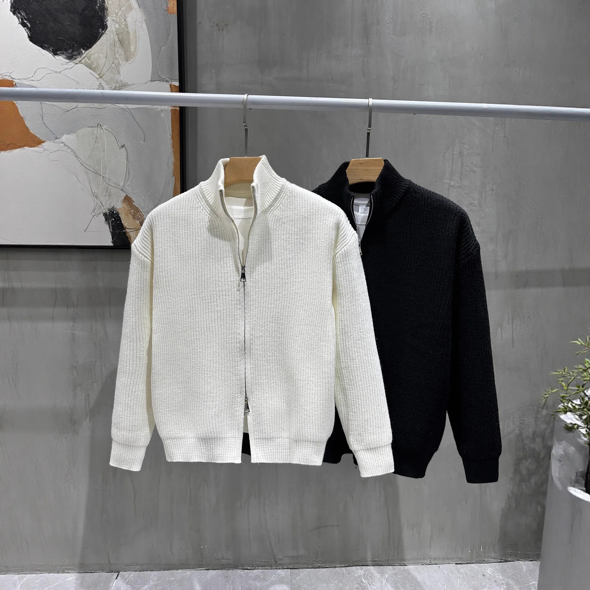 سستة الجبهة لون نقي هوديي Jaet الرجال محبوك سترة الوقوف طوق شبه عالية طوق سترة عادية Sle ألياف البوليستر